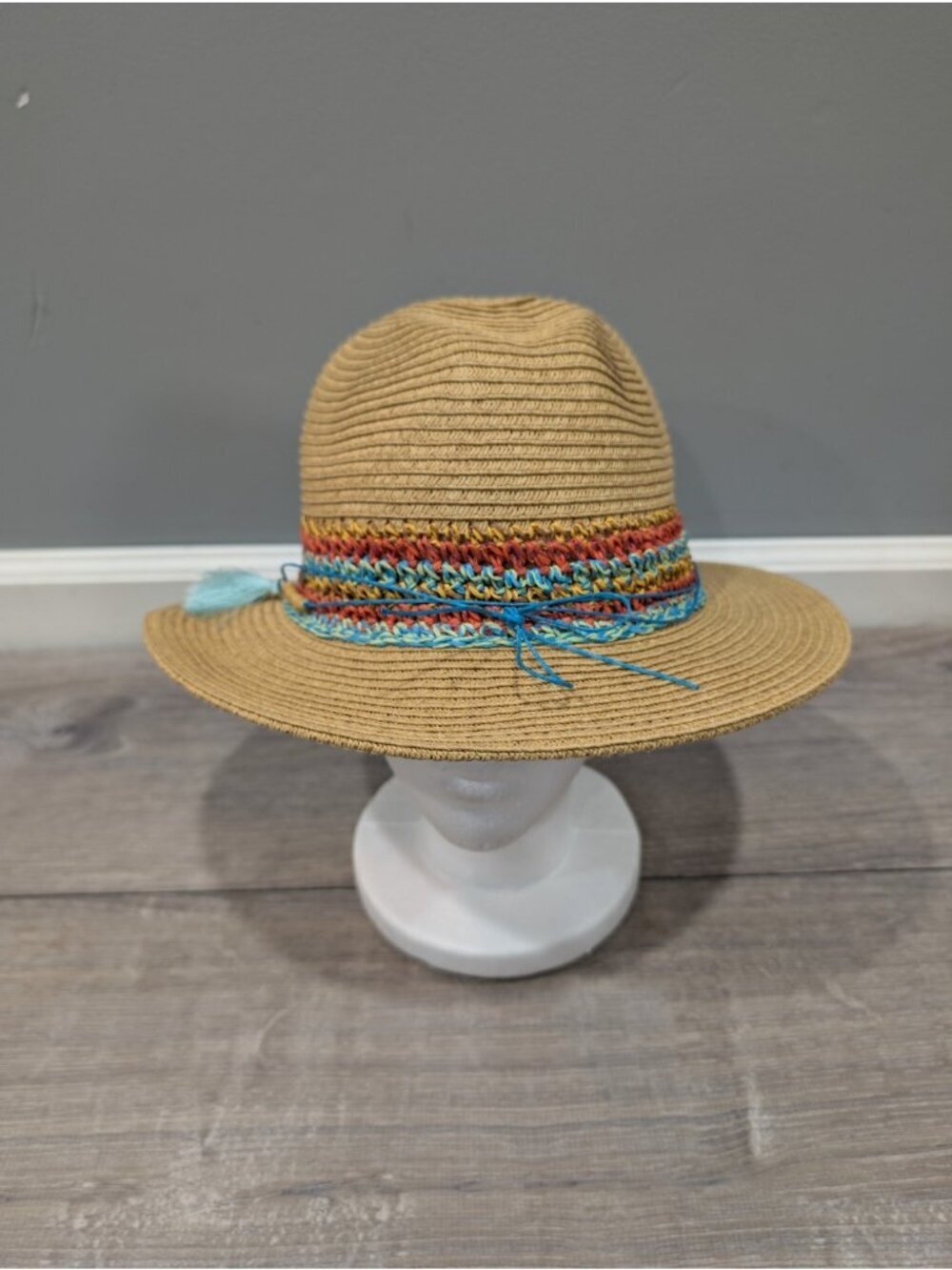 Scala Straw Sun Hat Womens Wide Brim Beach Boho Coastal Rainbow Beads